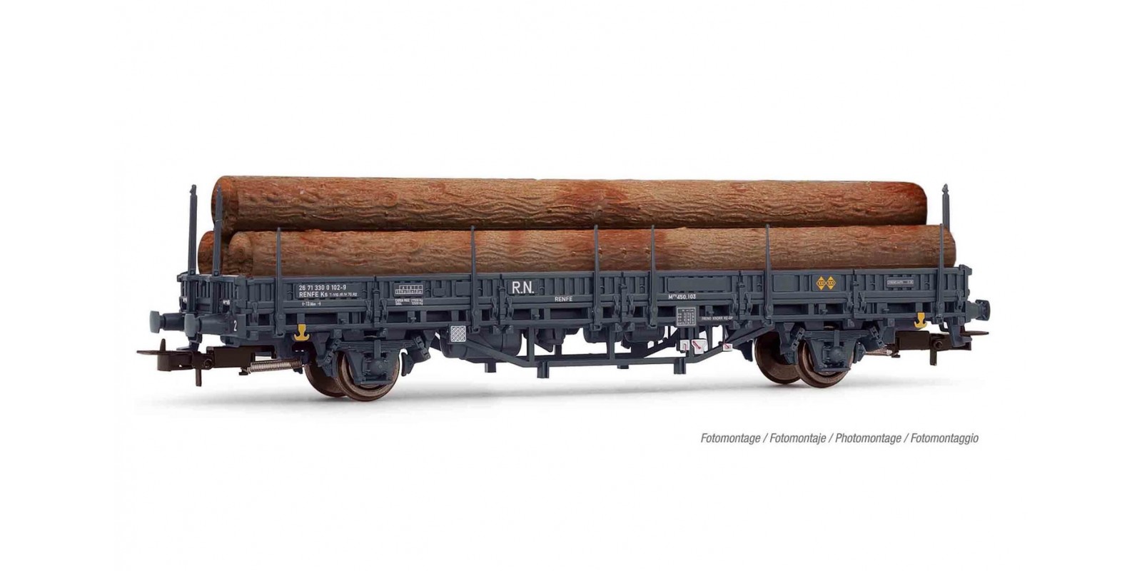 ET1659 R.N./RENFE, 2-axle wagon Kbs loaded with logs, dark grey livery, period III