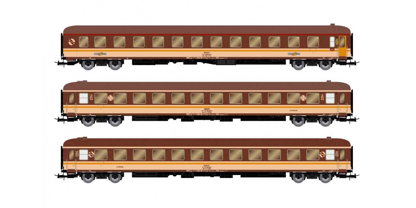 ET4006 RENFE, 3-unit set, 2xBc11x11600 + WL26x-7100 sleeping car, with original bogie, "Estrella" livery, period IV
