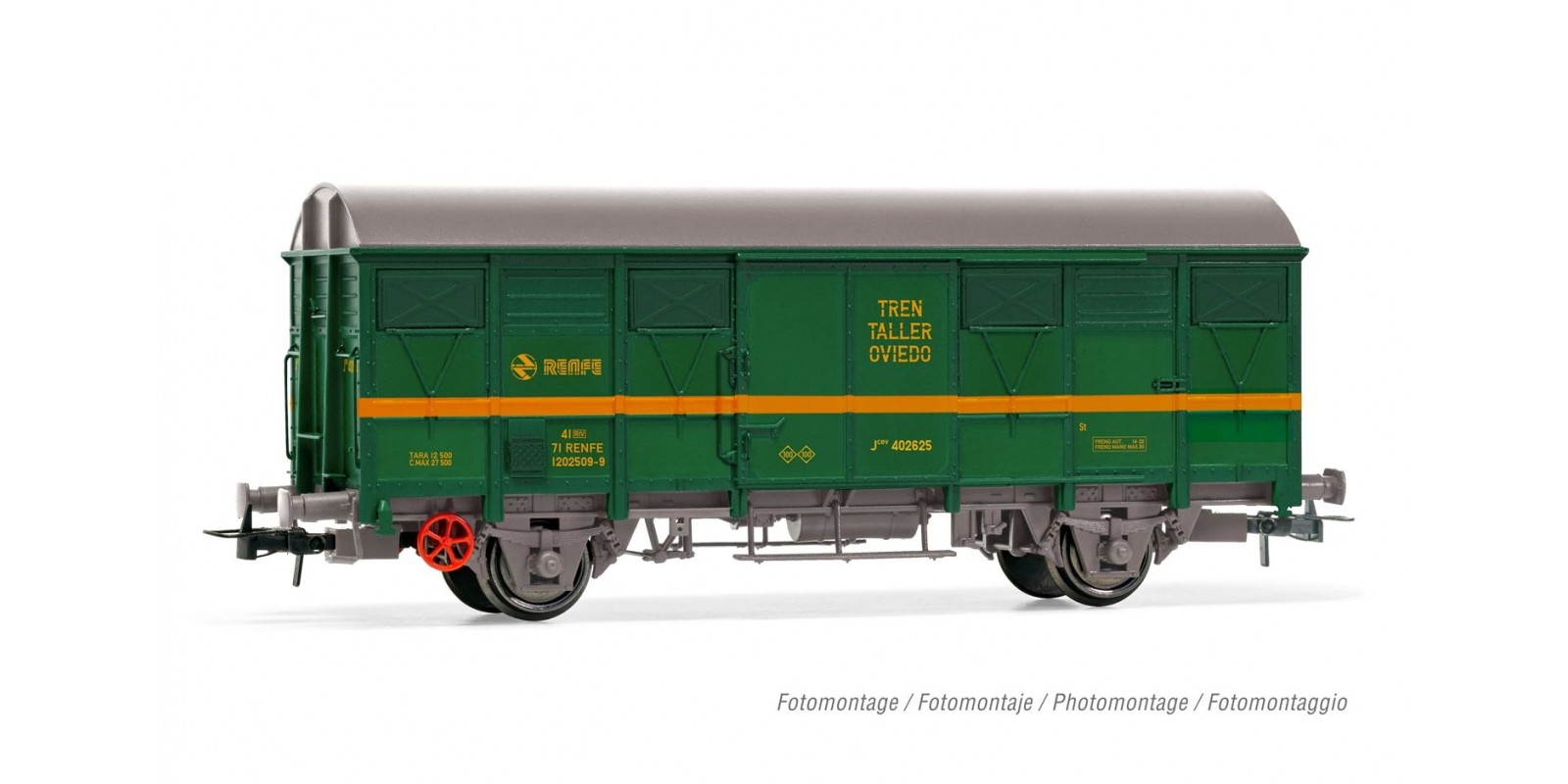 ET6018 RENFE, 2-axle wagon J2, green/yellow livery "tren taller Oviedo", period IV