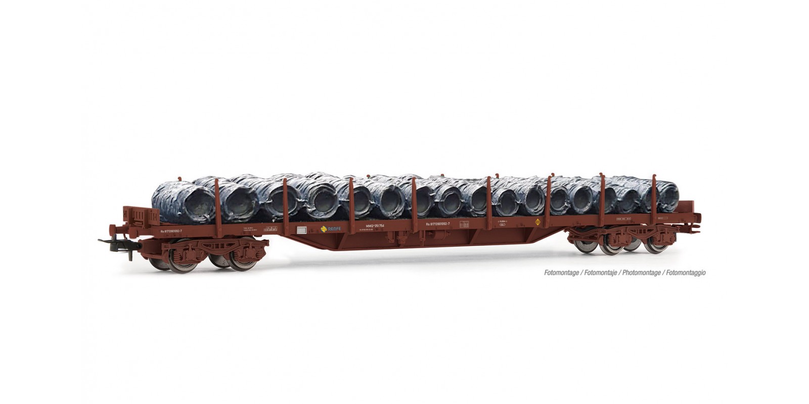 ET6033 RENFE, MMQ 4-axle stake wagon, loaded with wire coils, period IV