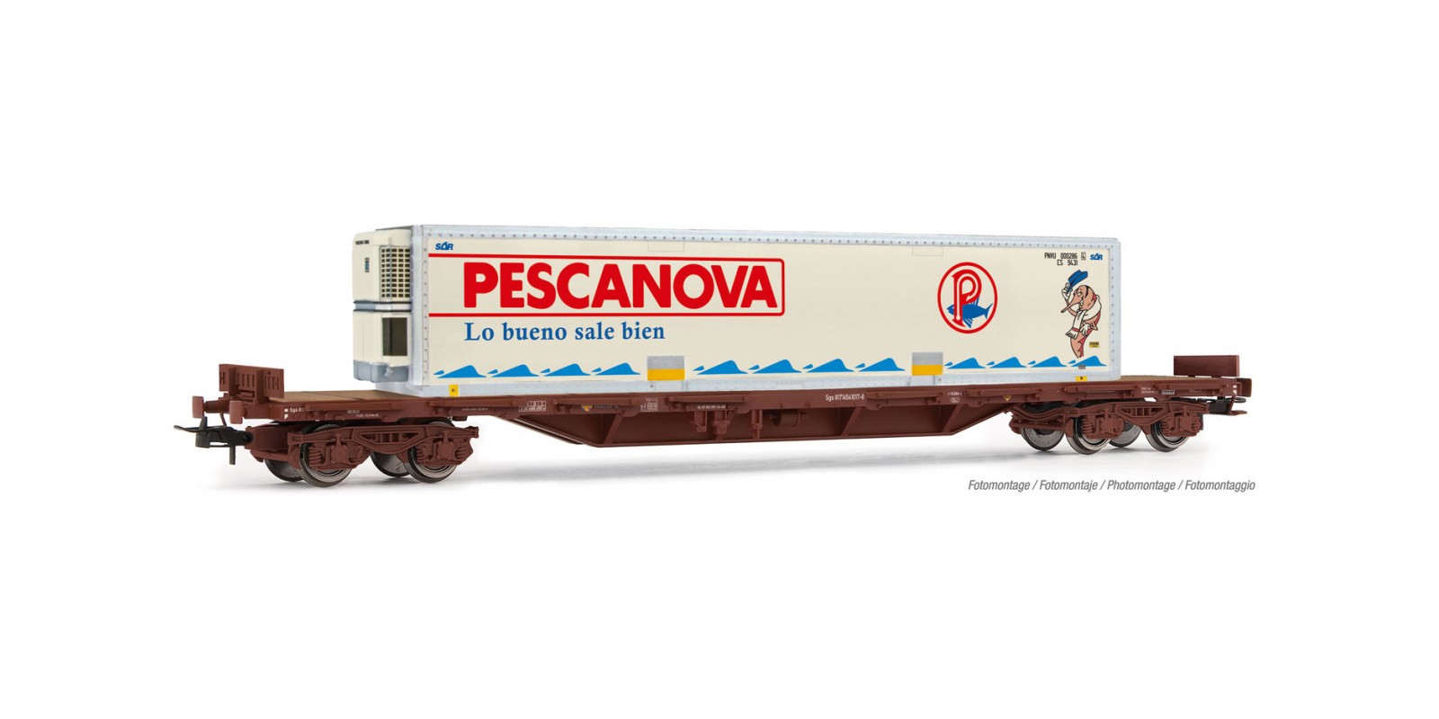 ET6034 RENFE, MMQC 4-axle stake wagon, loaded with refrigerated container "PESCANOVA", period IV