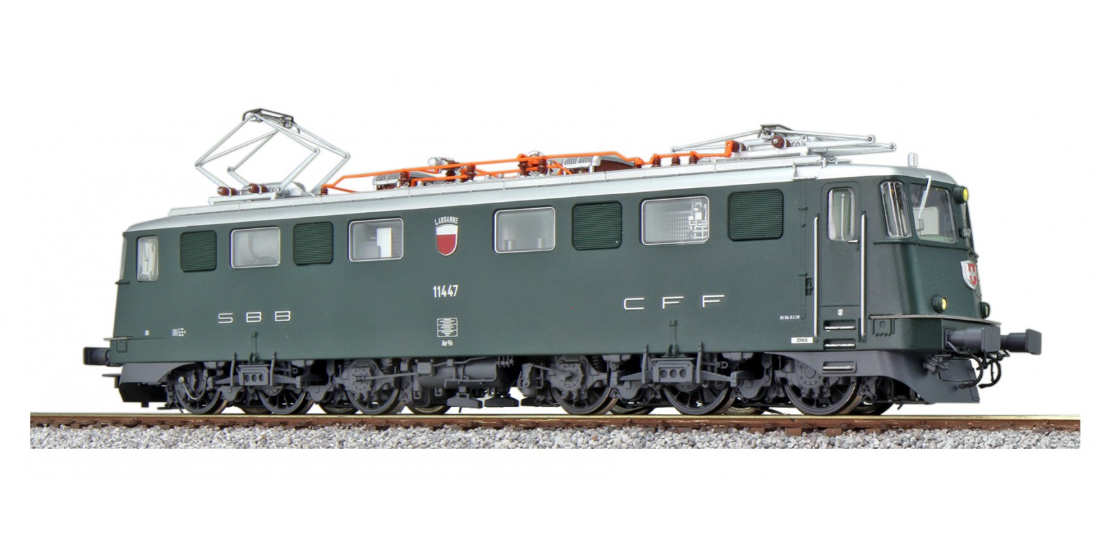 ES31536 Electric locomotive, H0, AE6/6, 11447 Lausanne SBB, green, Ep. IV, prototype condition around 1980, LokSound + Pantograph, DC/AC