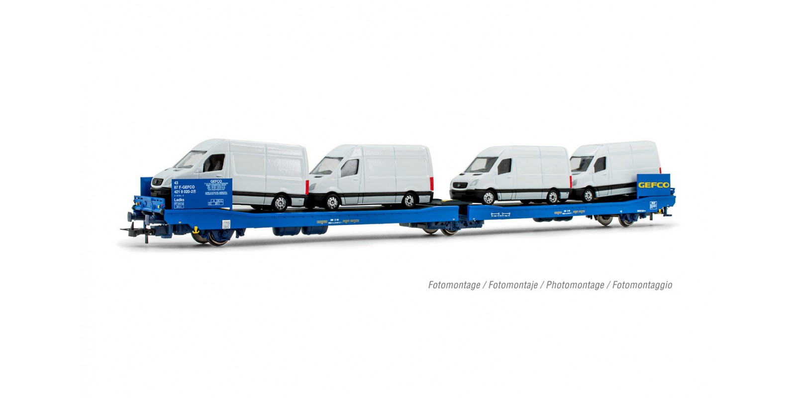 JO6207 GEFCO, 3-axle flat wagon Ladks, blue, loaded with 4 Sprinter vans, period V-VI