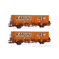 JO6224 SNCF, 2-unit pack Lgs (23 87 442 7 813-2 P + other) with stakes and orange "CNC KARGO70" container, period IV