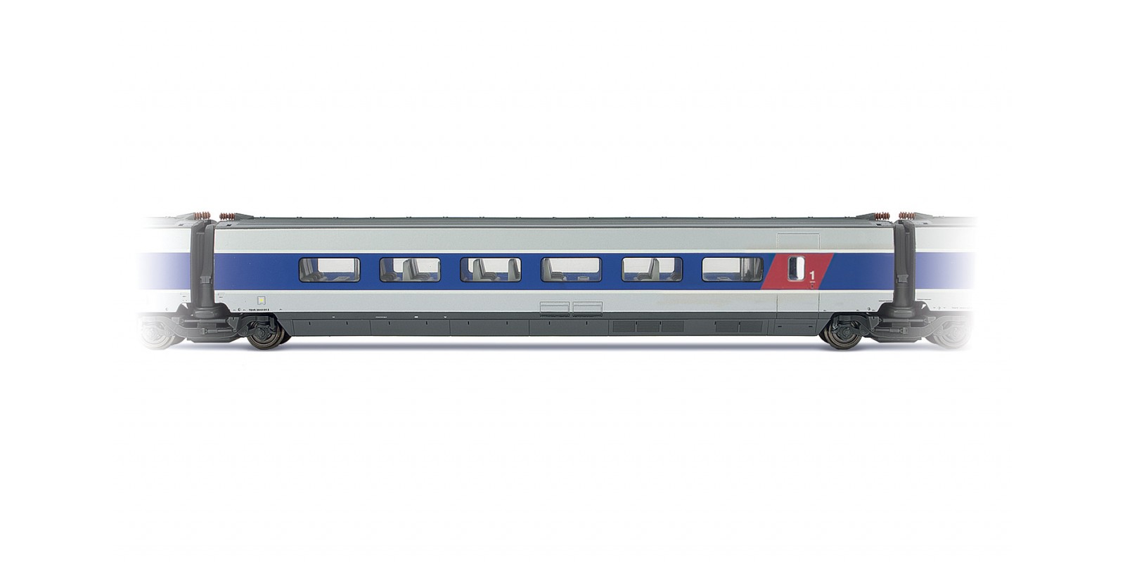 JO4115 TGV Sud -Est, blue and metal grey livery, 1st class intermediate coach, SNCF period VI