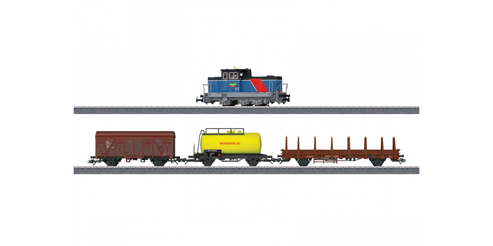 029468_01  Diesel switch engine and Set of 3 cargo wagons from Starter Set "Era VI Swedish Freight Train", w/o packing