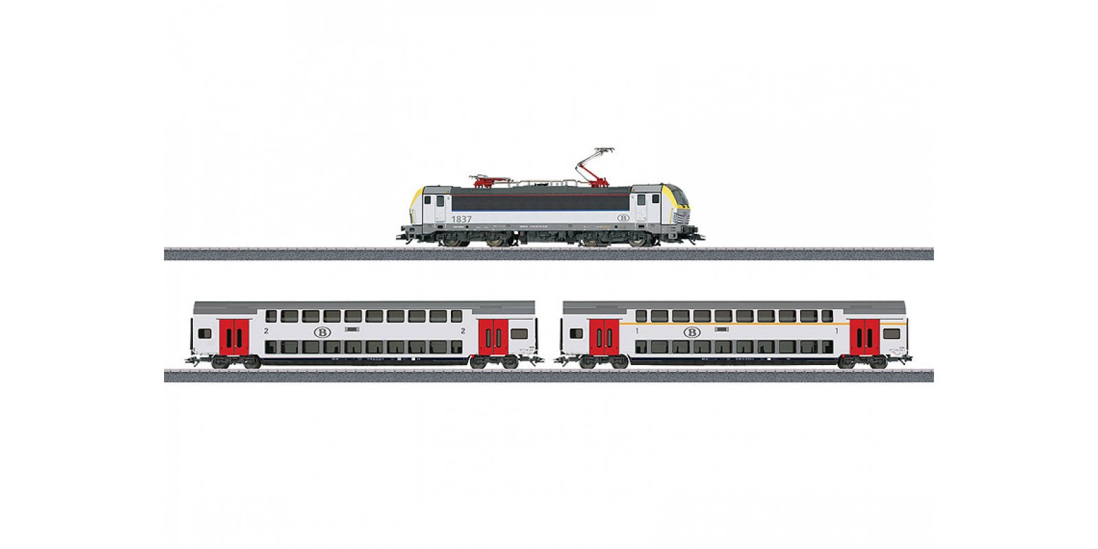 029474_01 Εlectric locomotive and 2 NMBS/SNCB bi-level cars from starter set "Era VI Passenger Train" , w/o packing