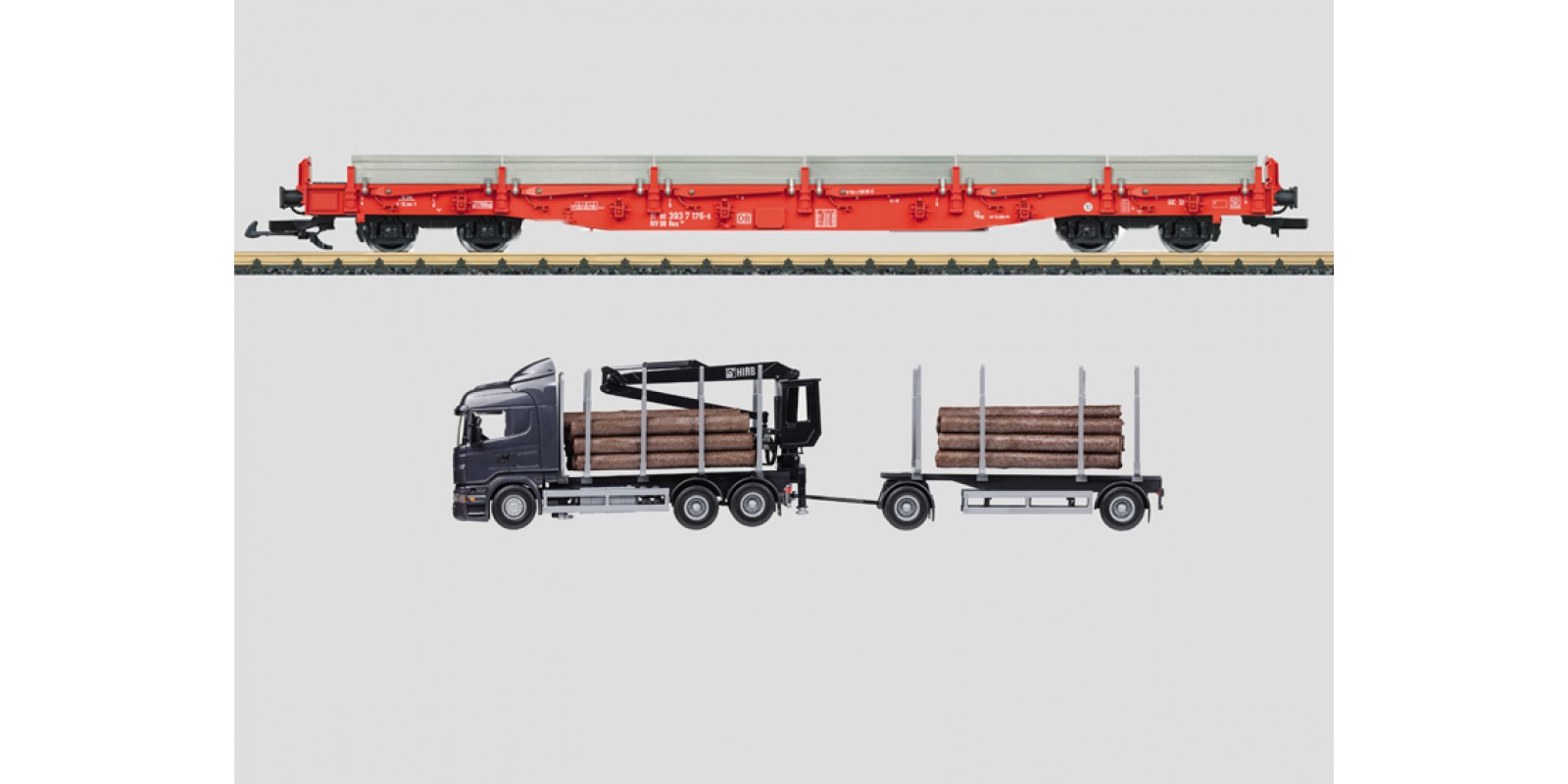 L45921 DB AG Stake Car Set with a Semi-Truck Rig for Lumber and Logs
