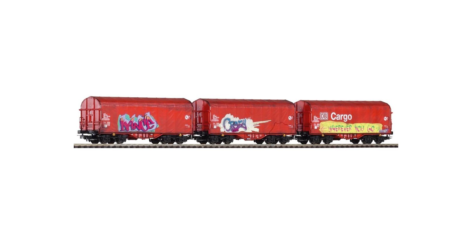 PI58354 Set w. 3 Tarp.Cars 2 x OnRail, 1x DB Cargo VI,Graffiti, aged