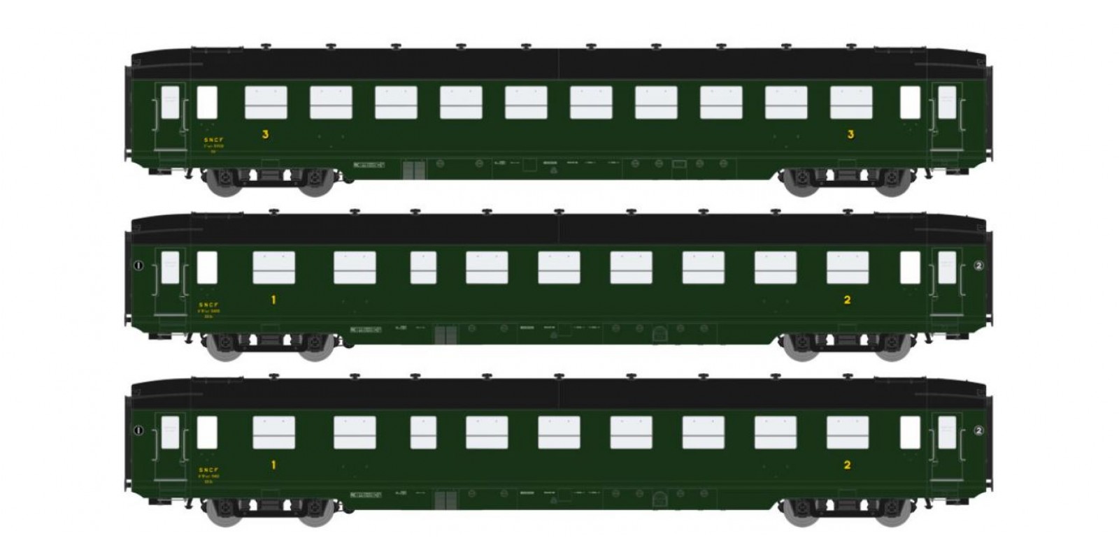 REVB195 SET of 3 DEV AO U46 (C10 & 2xA21/2B6) Green 306, black frame and roof, Long skirt Era IIIA REE COLLECTION (R=525 mm)