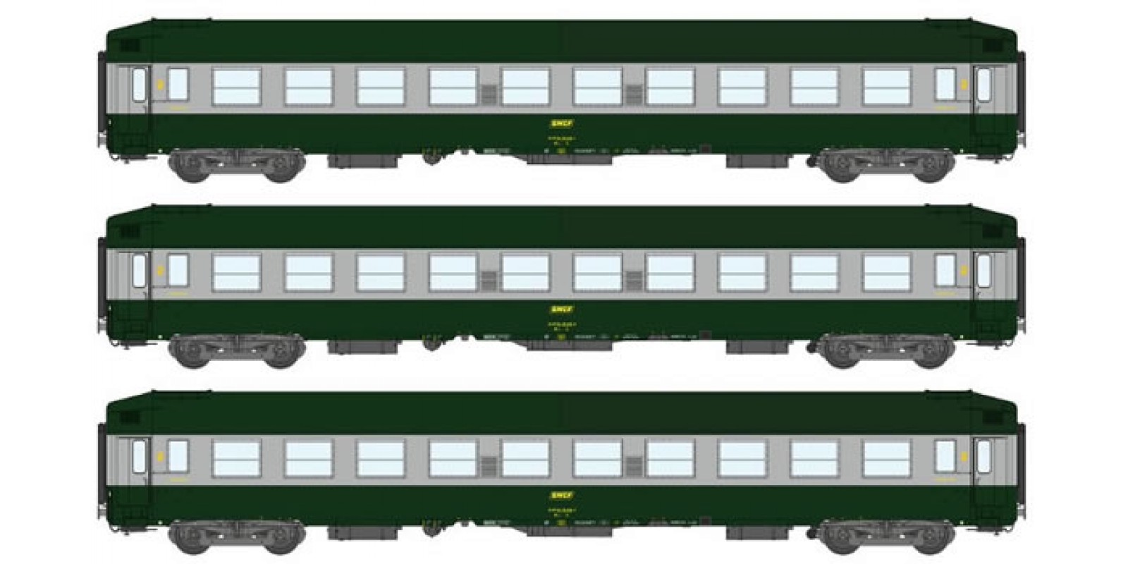REVB179 Set of UIC Sleeping Coaches B9C9x Green 302 / ALU, Yellow Logo Era IV HIGH ROOF