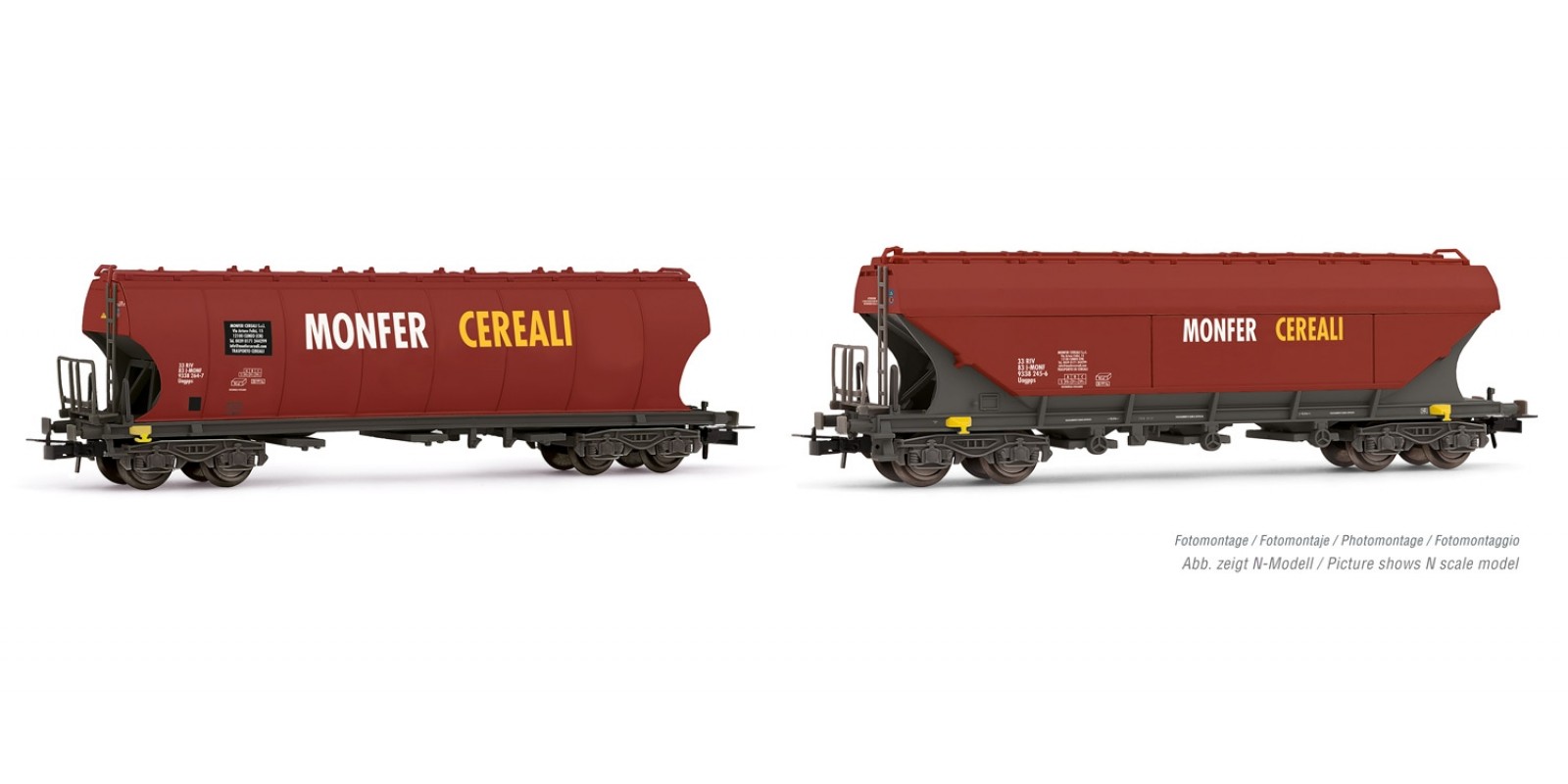 RI6475 FS, 2-unit pack 4-axle Uagpps wagon "MONFER CEREALI" bordeaux livery, rounded + flat walls, period VI