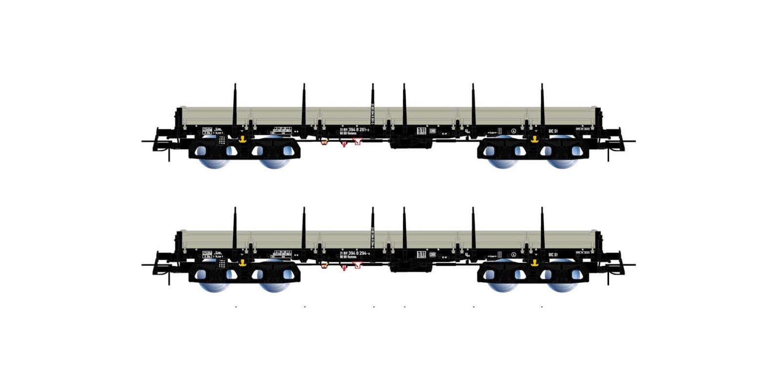 RI6477 DB, 2-unit pack, 4-axle stake wagons type Remms, loaded with gas pipes "thyssenkrupp", period IV