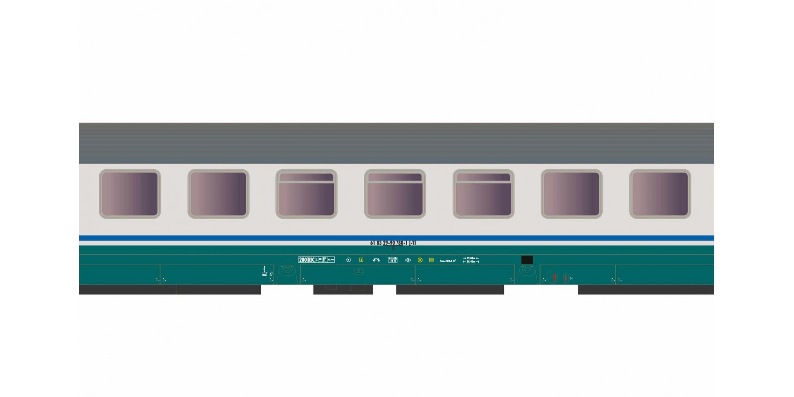 RI4282 FS, 2-unit pack passenger coaches type UIC-Z renovated (progetto 901/300) in "XMPR"-livery, contains two 2nd class coaches, period VI