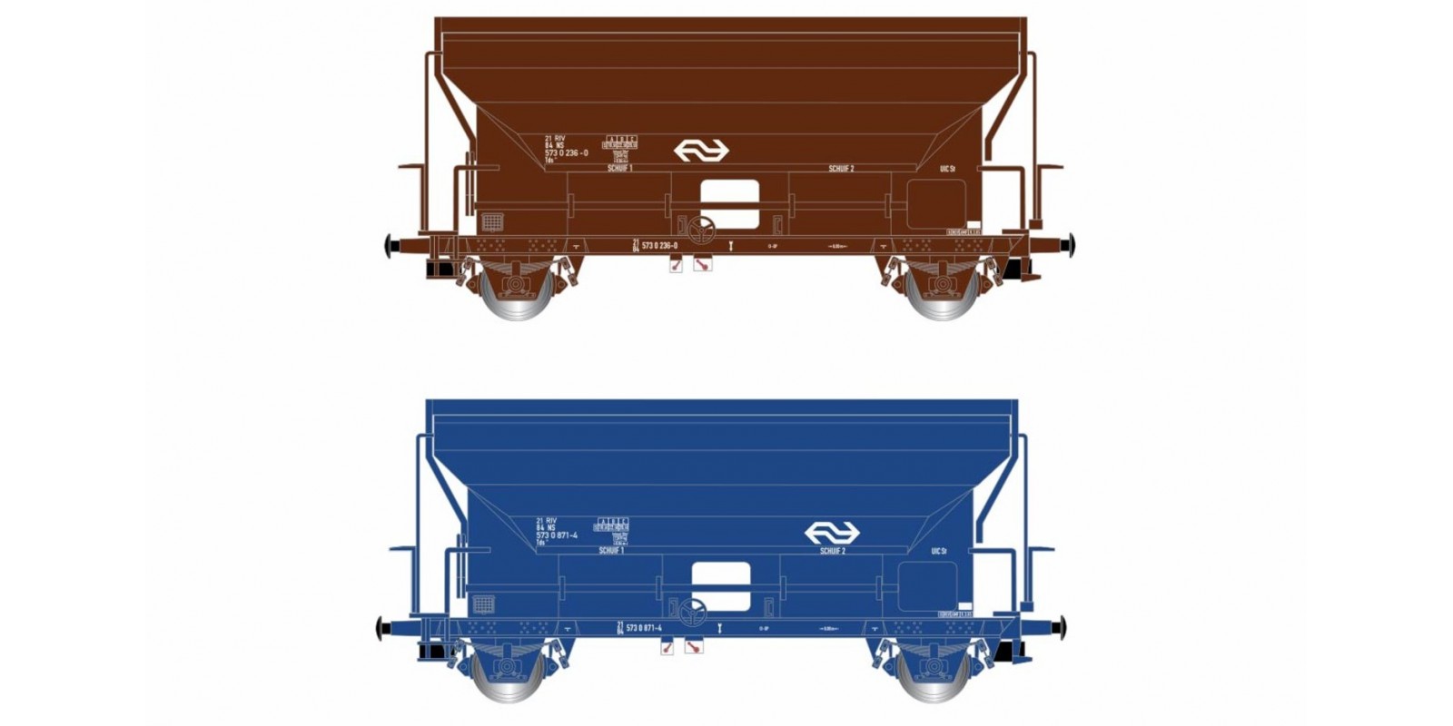 RI6432 NS, 2-unit set self discharging wagons Tds, blue resp. brown livery, period IV-V