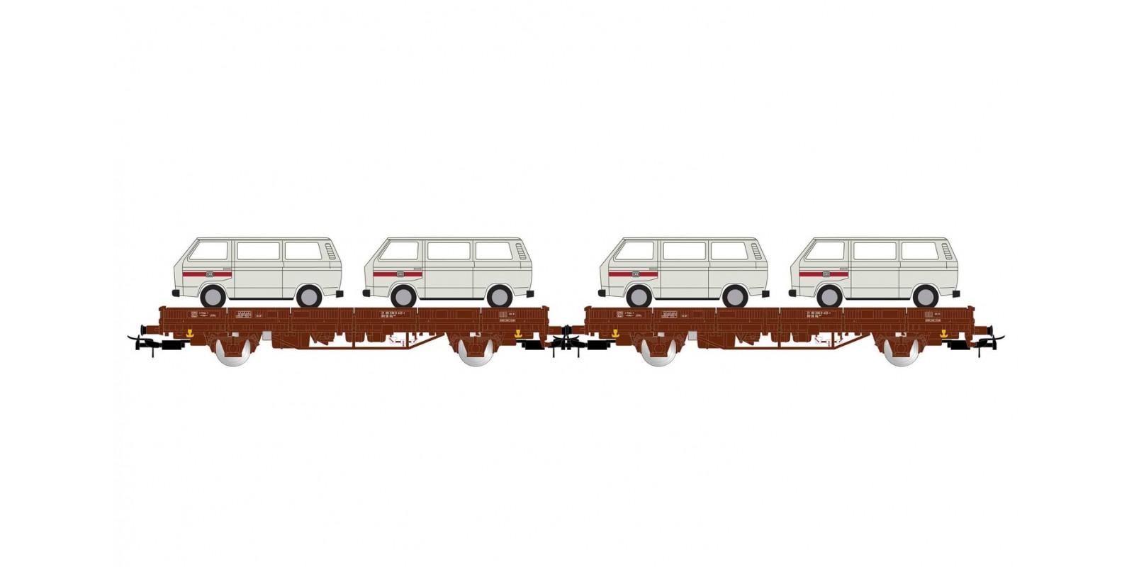 RI6458 DB, 2-unit set 2-axle flat wagon Kls without stakes in brown livery, loaded with 2 cars (VW T2) "Deutsche Bundesbahn", period IV