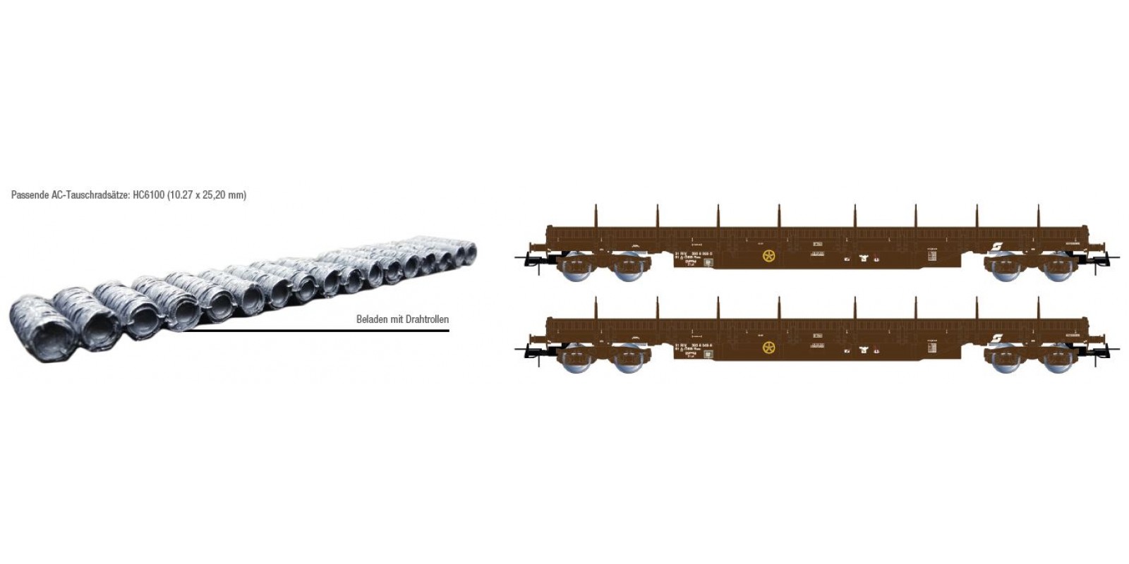 RI6484 ÖBB, 2-unit pack 4-axle stake wagon type Res, loaded with wire coils, period V-VI