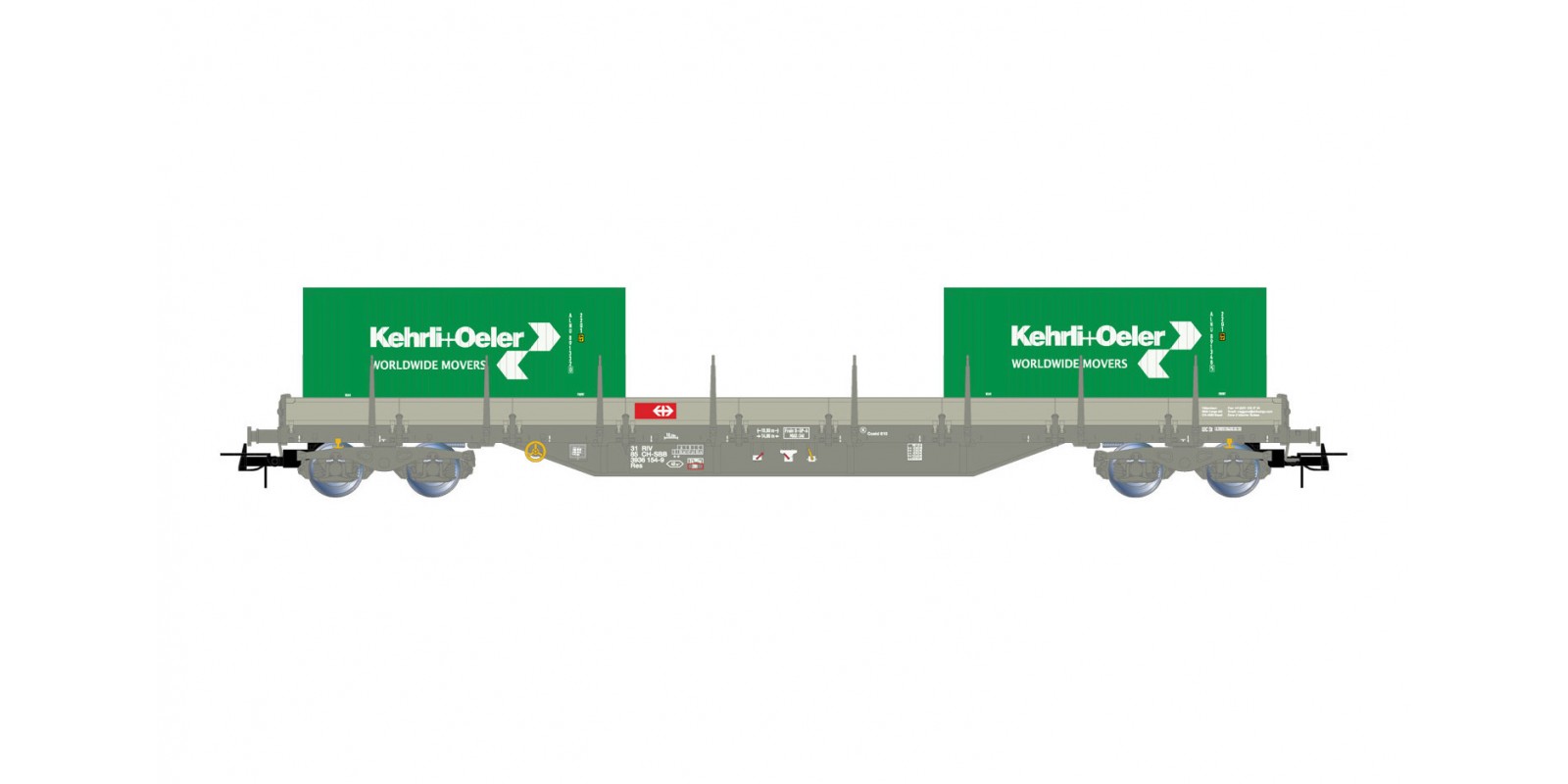 RI6498 SBB, 4-axle stake wagon Res, loaded with 2 x 20’ container “Kehrli & Oeler”, period VI