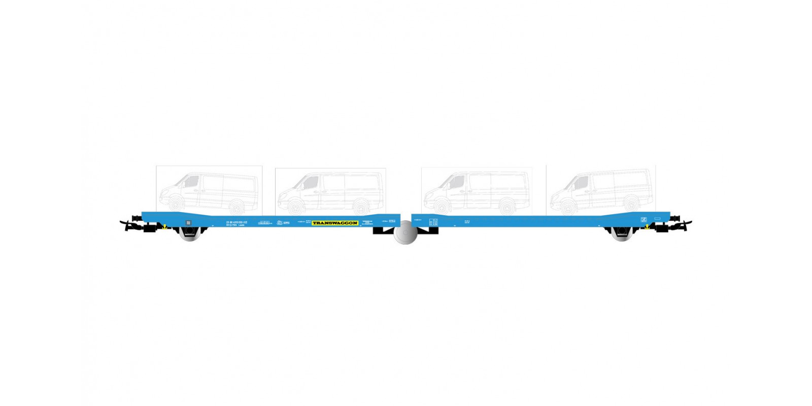 RI6500 Transwaggon, 3-axle flat wagon, blue livery, loaded with 4 Sprinter Vans, period V-VI