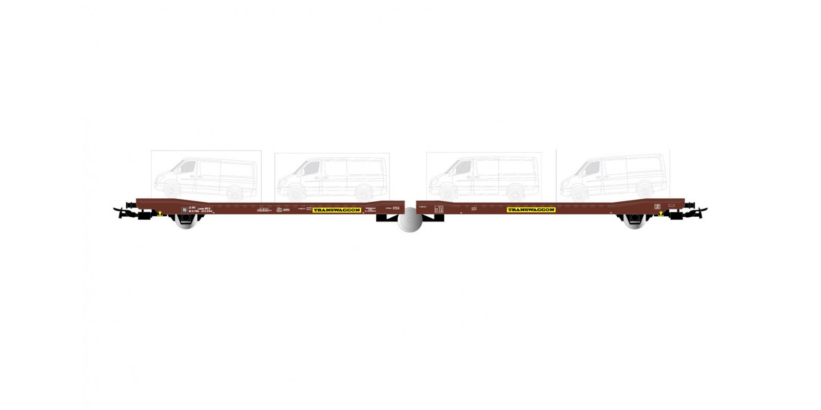 RI6501 Transwaggon, 3-axle flat wagon, brown livery, loaded with 4 Sprinter Vans, period V-VI