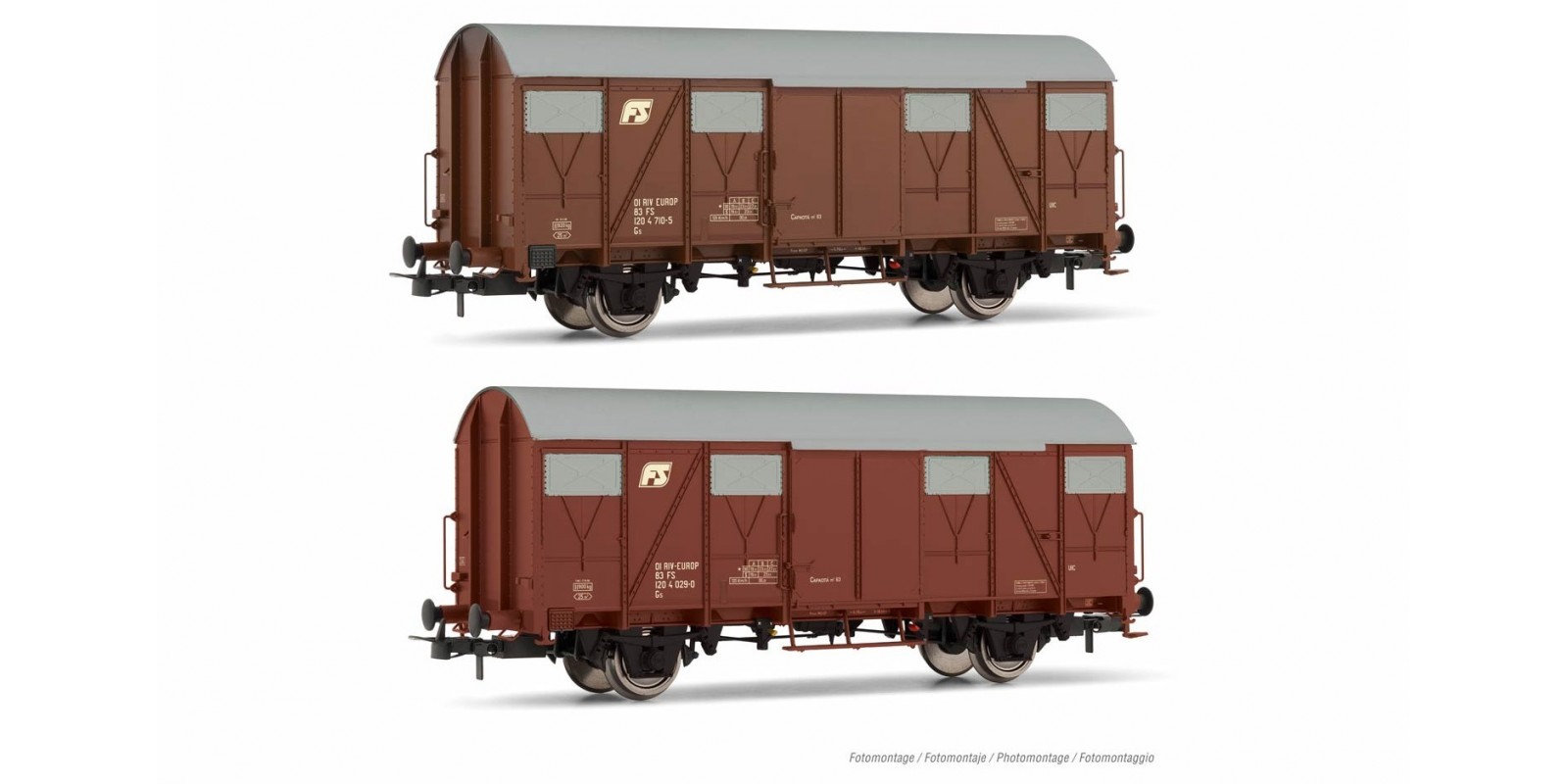 RI6506 FS, 2-units pack Gs closed wagons with flat walls, inclined FS logo, brown livery, ep. IV-V