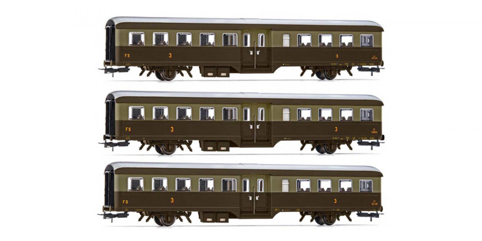 RI4369 FS, 3-unit pack "Corbellini" 1947 coaches, 2-axle version, 3rd class, castano/isabella livery, for historic trains, ep. V-VI